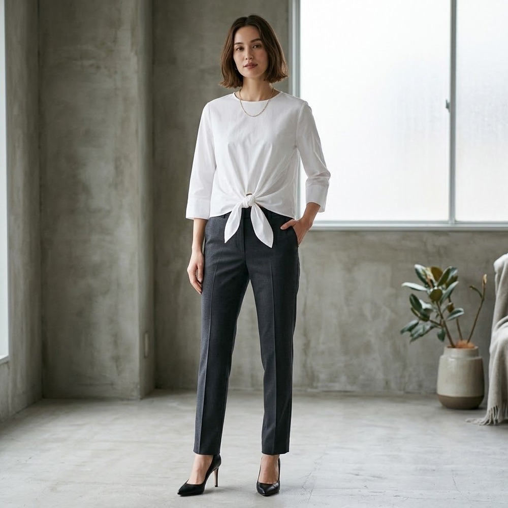 Halogen Tie Front Blouse 3/4 Sleeve Poplin White Womens Size S